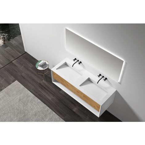 Meuble de salle de bain avec double vasque Fiona 1400 - façade effet chêne - miroir & colonne de rangement en option