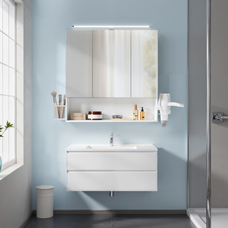 Meuble de Salle de Bain avec Éclairage LED, avec Prise, Porte Sèche-cheveux, Grand Espace, Blanc