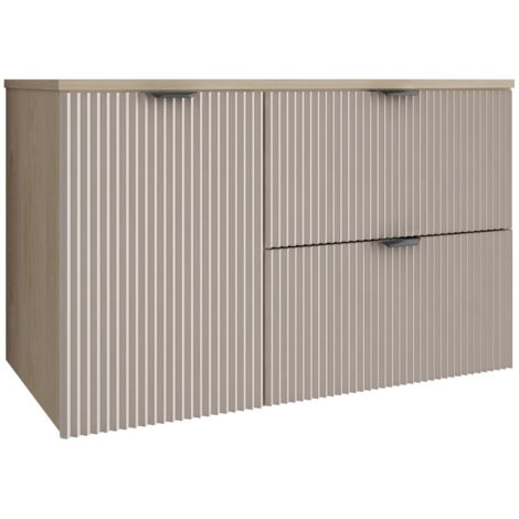 Meuble de salle de bain avec façade rainurée 100 cm (60+40) avec panier à linge , noyer clair (MDF) , façade cachemire et poignée noire , 100 × 47 × 60 cm
