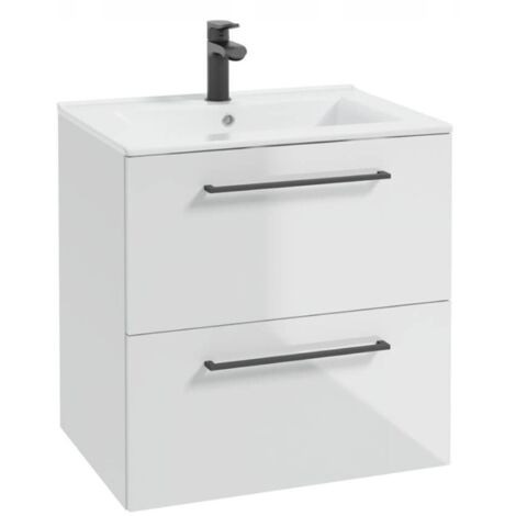 Meuble de Salle de Bain avec Lavabo - 60x40 cm - Blanc Brillant - 2 Tiroirs Spacieux - Système Soft Close