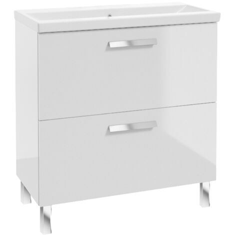 Meuble de Salle de Bain avec Lavabo - 80 cm - Blanc Brillant - 2 Tiroirs - Design Élégant