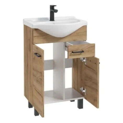 Meuble de salle de bain avec lavabo, chêne artisanal, sur pieds, 55 cm, Mea