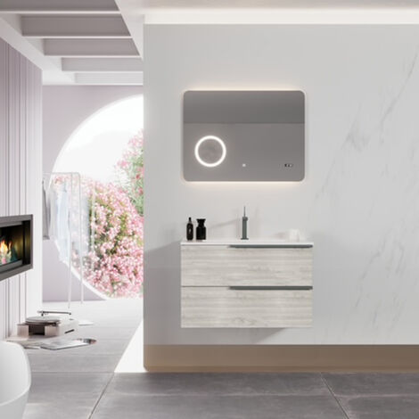 Meuble de salle de bain avec lavabo en céramique et miroir avec Led cm 80 en couleur Nordic Wood - modèle Symmetry Urban 3