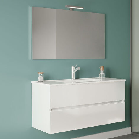Meuble de salle de bain avec lavabo en céramique miroir et lampe cm 100 de couleur blanc brillant-modèle Symmetry Classic 1