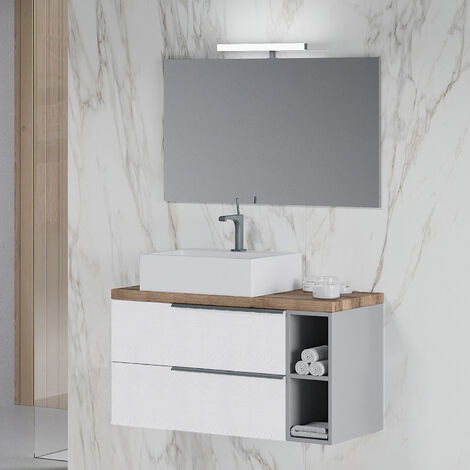 Meuble de salle de bain avec lavabo en céramique miroir et lampe de 100 cm de couleur Blanc Alaska - Modèle Symmetry 3