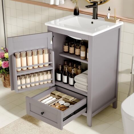 Meuble de Salle de Bain avec lavabo encastré, 1 Porte, 1 tiroir Silencieux et étagère Ajustable - MDF + Céramique, Surface laquée - Gris - 51x46x85 cm