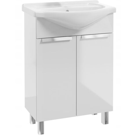 Meuble de salle de bain avec lavabo sur pieds 85x60 blanc Lily avec robinet chromé allongé
