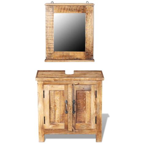 Ensemble meuble sous vasque et miroir en bois massif recycle