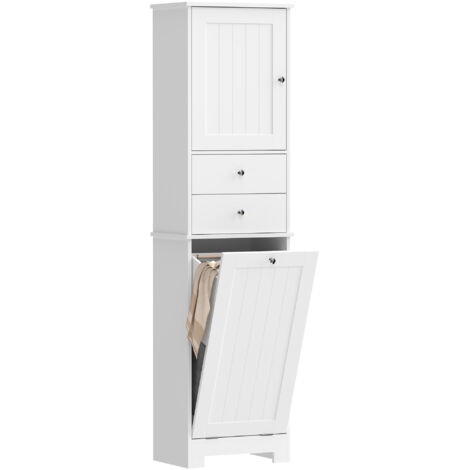 Meuble de Salle de Bain avec Panier à Linge Pliable, Armoire et 2 Tiroirs, en Bois, 45x30x171 cm, Blanc
