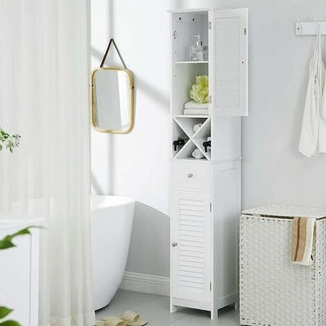 Meuble de Salle de Bain, avec Portes à persienne, tiroir, 32 x 30 x 170 cm, Style scandinave, Blanc - Blanc