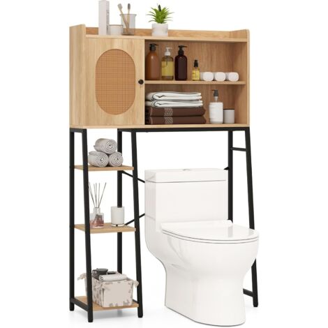Meuble de salle de bain avec portes et étagère en rotin, structure métallique, 89 x 29 x 139 cm, naturel