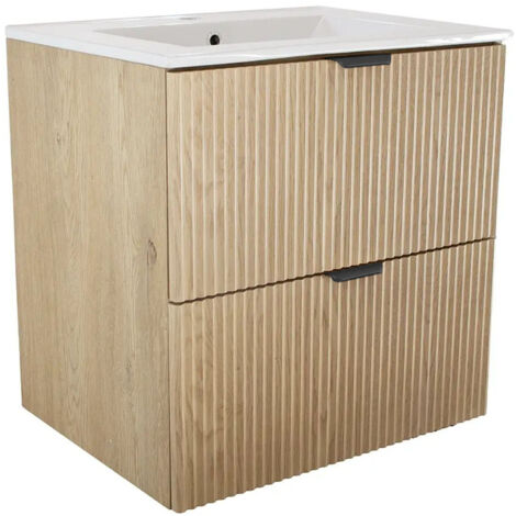 Meuble de salle de bain avec portes et lavabo 60 cm, façade cannelée, chêne Crémone, 60 × 47 × 60 cm