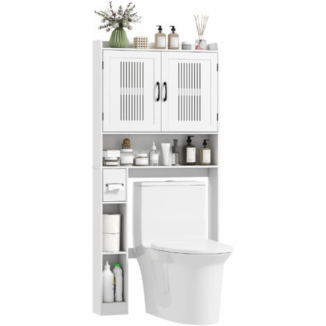 Meuble de salle de bain  avec réservoir de toilettes, comprenant un meuble à double porte et un porte-papier toilette, 80 x 19,5 x 170 cm, blanc