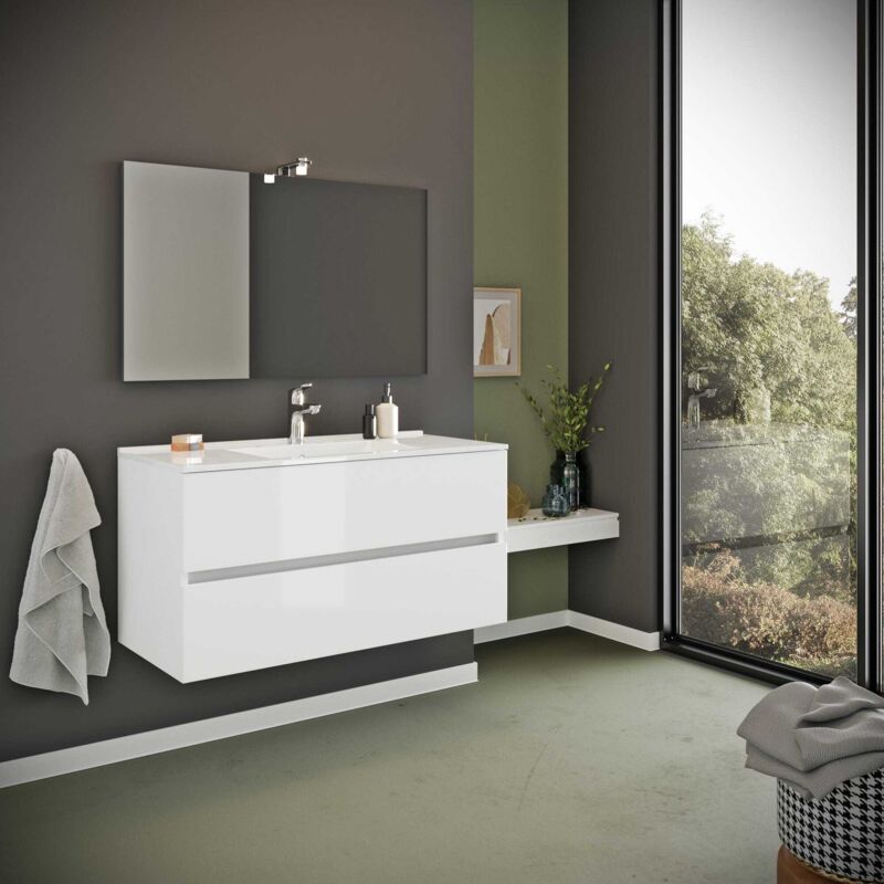 Kiamami Valentina - Meuble De Salle De Bain Avec Tiroirs 100Cm Blanc Brillant, Lavabo Et Miroir Benaco