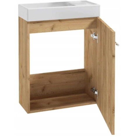 Meuble de salle de bain avec un petit lavabo suspendu en chêne massif (50 x 70 cm) et un robinet chromé allongé.