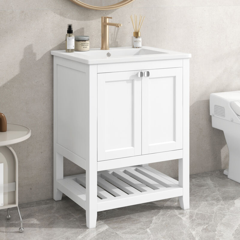 modernluxe - meuble de salle de bain avec une vasque en céramique - 2 portes et étagère en bas - blanc(robinet non inclus)
