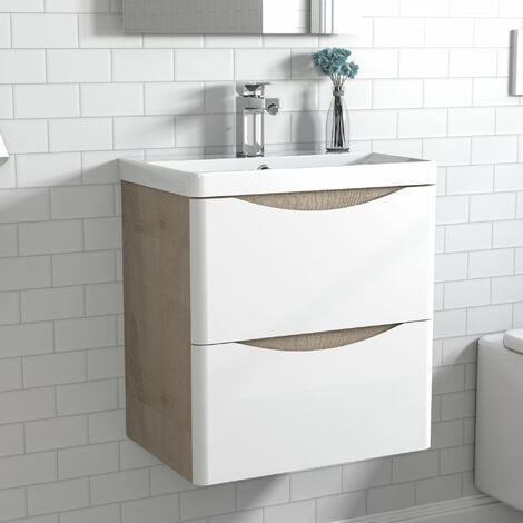 Meuble de salle de bain avec vasque 50 cm, meuble blanc et bois avec 2 tiroirs, meuble démonté