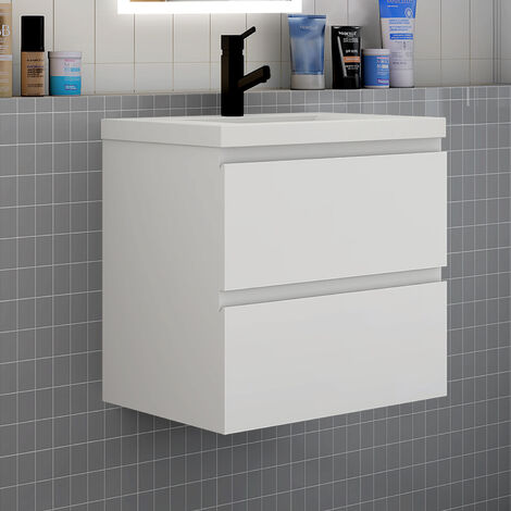 Meuble de salle de bain avec vasque, 60 cm 2 tiroirs à fermeture amortie blanc - meuble suspendu