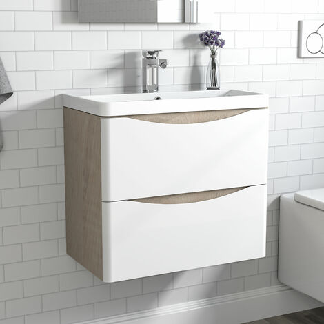 Meuble de salle de bain avec vasque 50 cm, meuble blanc et bois avec 2 tiroirs, meuble démonté