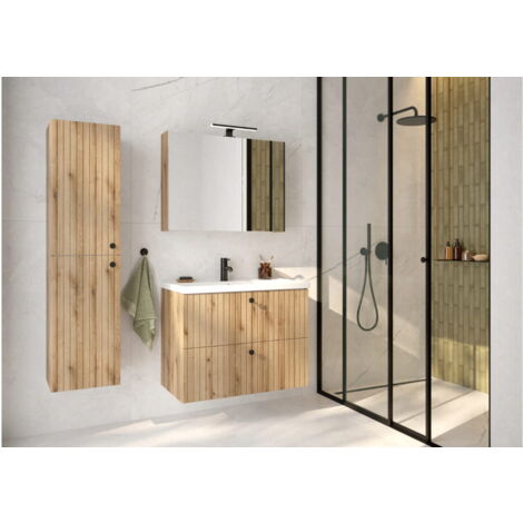 Meuble de salle de bain avec vasque 80 cm évoque chêne lamelles rainurées Rietti