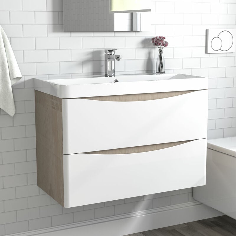 Meuble de salle de bain avec vasque 80 cm, meuble blanc et bois avec 2 tiroirs, meuble démonté