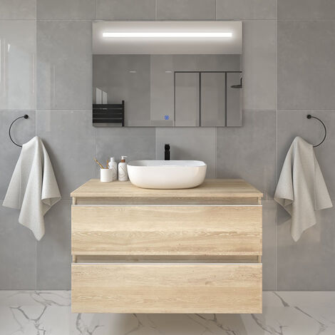 Meuble de salle de bain avec vasque à poser arrondie BALEA et miroir Led STAM - 70cm