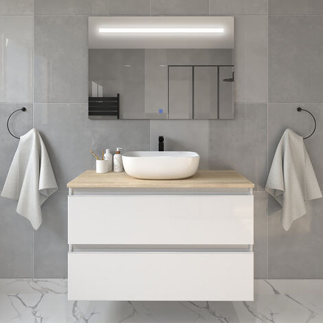 Meuble de salle de bain avec vasque à poser arrondie - blanc - BALEA et miroir Led STAM - 70cm