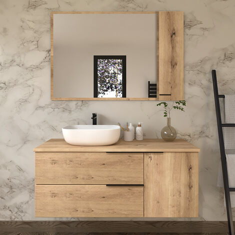 Meuble de salle de bain avec vasque à poser arrondie et miroir armoirette - roble (chêne clair) - KING - 120cm