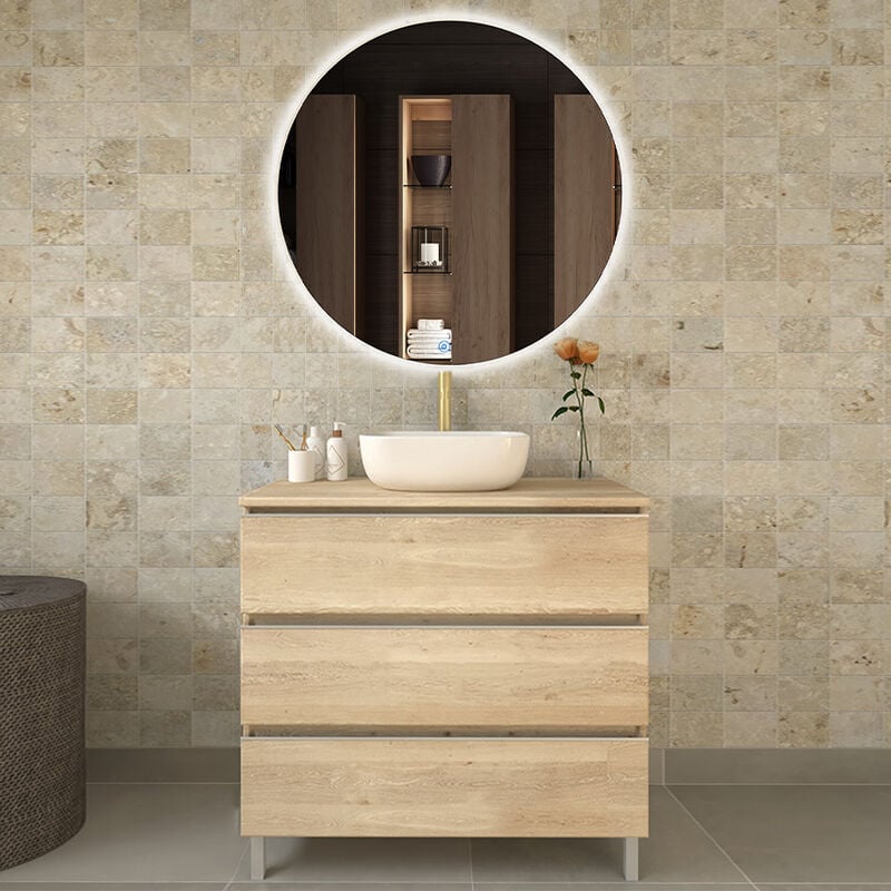 Cosyneo - Meuble de salle de bain avec vasque à poser arrondie - bambou (chêne clair) - palma et miroir Led solen - 70cm
