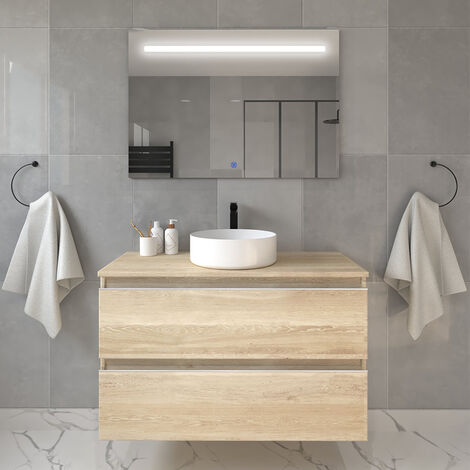 Meuble de salle de bain avec vasque à poser ronde BALEA et miroir Led STAM - 100cm