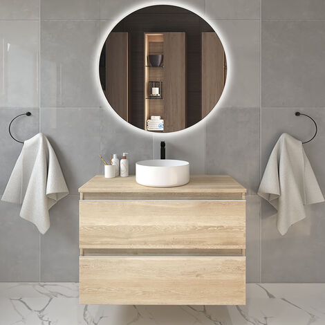 Meuble de salle de bain avec vasque à poser ronde BALEA et miroir rond Led SOLEN - 70cm