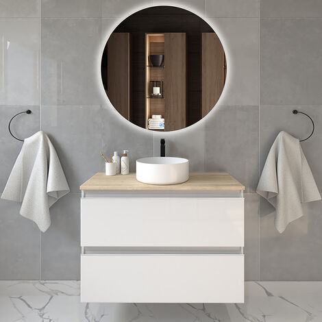 Meuble de salle de bain avec vasque à poser ronde - blanc - BALEA et miroir rond Led SOLEN - 80cm