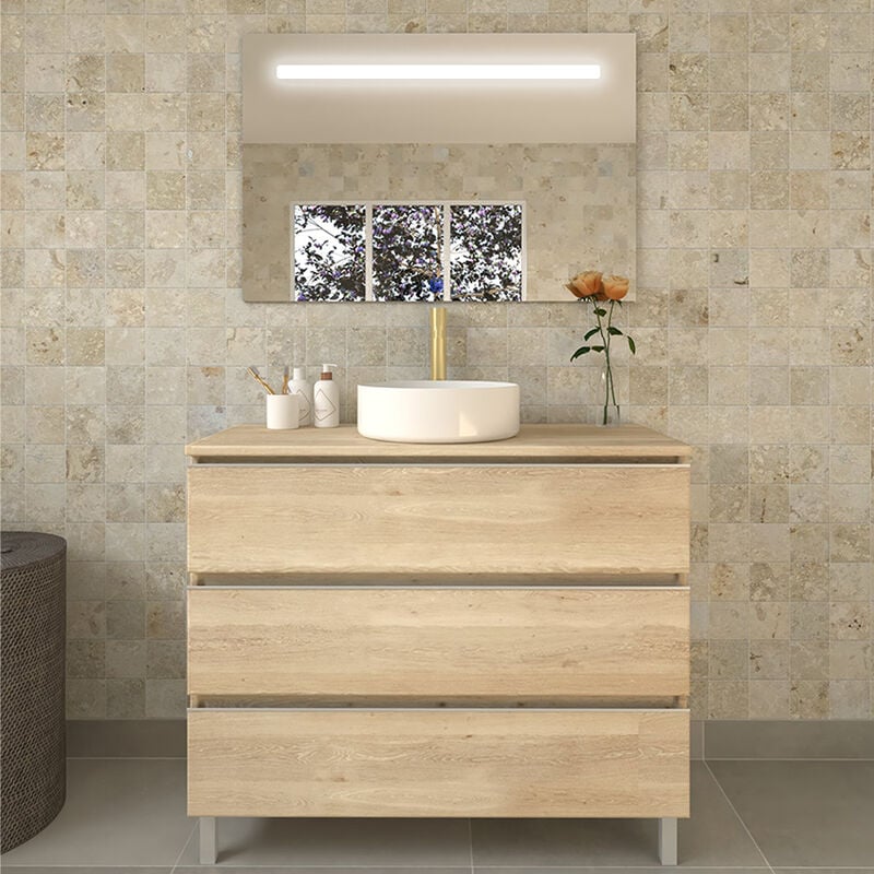Cosyneo - Meuble de salle de bain avec vasque à poser ronde - bambou (chêne clair) - palma et miroir Led stam - 70cm