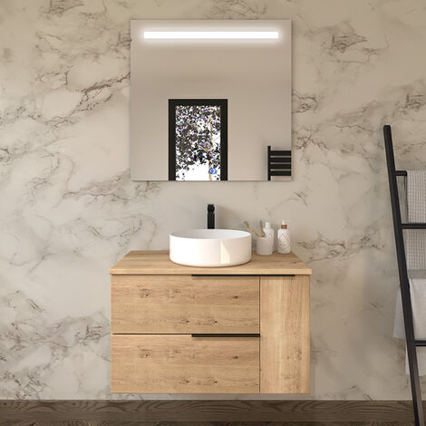 Meuble de salle de bain avec vasque à poser ronde - roble (chêne clair) - KING et miroir Led STAM - 80cm