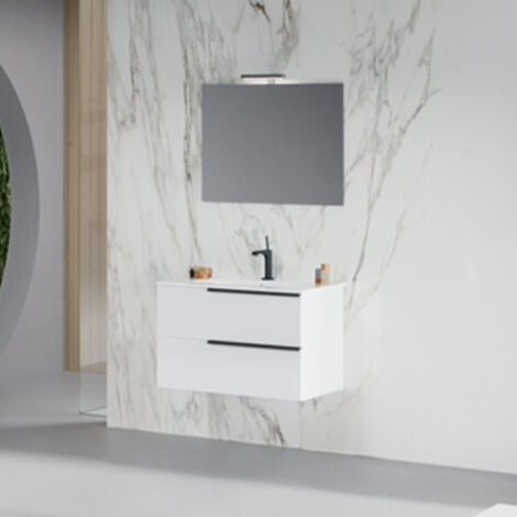 Meuble de salle de bain avec vasque céramique miroir et lampe 100 cm blanc brillant - Modèle Symmetry Urban 4