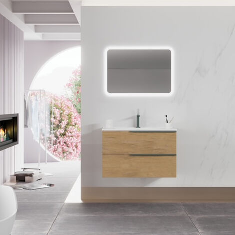 Meuble de salle de bain avec vasque en céramique et miroir LED 80 cm couleur Chêne Doré - Modèle Symmetry Urban 2