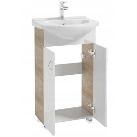 Meuble de salle de bain avec vasque, sur pied en chêne 50x86 Tim avec robinet chromé allongé