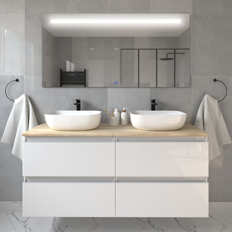 Meuble de salle de bain avec vasques à bords arrondies - blanc - balea et miroir Led stam - 120cm