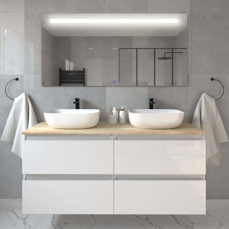 Meuble de salle de bain avec vasques à bords arrondies - blanc - BALEA et miroir Led STAM - 120cm