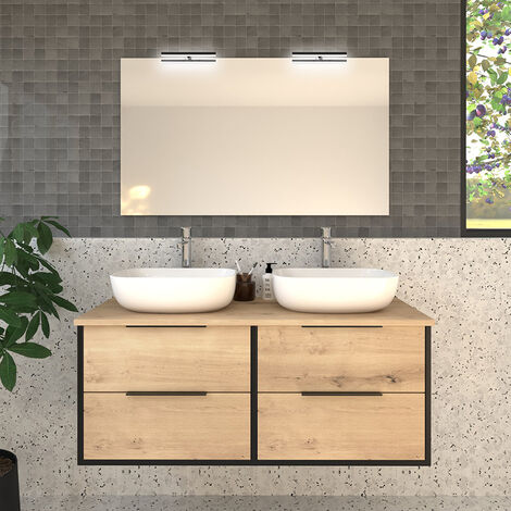 Meuble de salle de bain avec vasques à poser arrondies ALBA et miroir avec appliques - 120cm