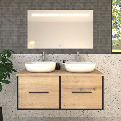 Meuble de salle de bain avec vasques à poser arrondies ALBA et miroir Led Stam - 120cm