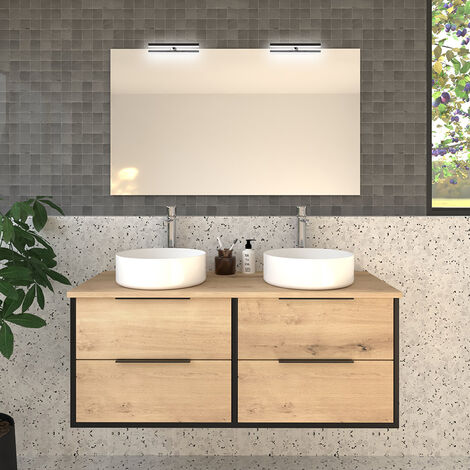 Meuble de salle de bain avec vasques rondes ALBA et miroir avec appliques - 120cm