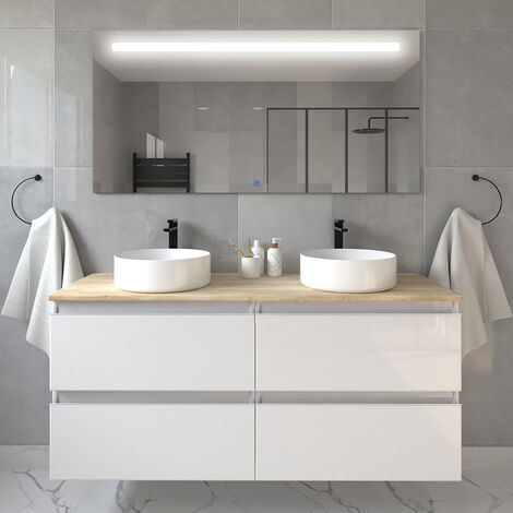 Meuble de salle de bain avec vasques rondes - blanc - BALEA et miroir Led STAM - 120cm