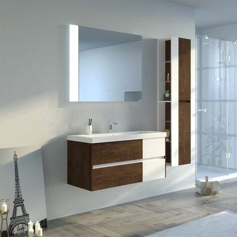 Meuble de salle de bain AZAMARA 1000 - Chêne foncé & Blanc