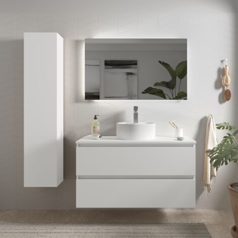 Meuble de salle de bain BEQUIA 100cm Blanc mat  Avec plan toilette (vasque non incluse)