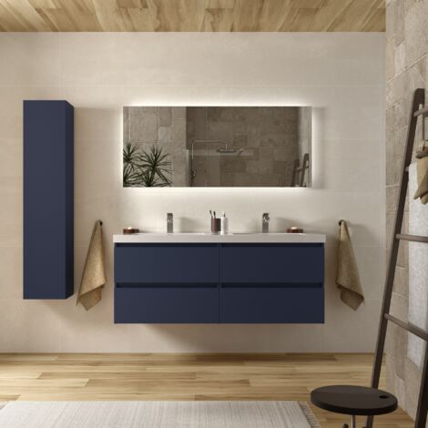 Meuble de salle de bain BEQUIA 140cm Bleu mat Vasque Charge minérale