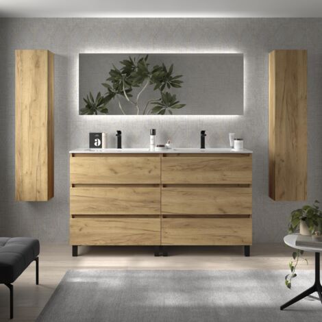 Meuble de salle de bain BEQUIA 3C 160cm Chêne Vasque Vilna Solid Surface Centrale