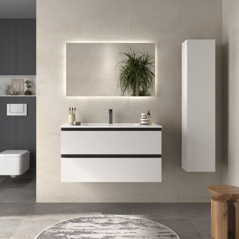 Meuble de salle de bain BEQUIA METAL 100cm Blanc mat Vasque Porcelaine Centrale