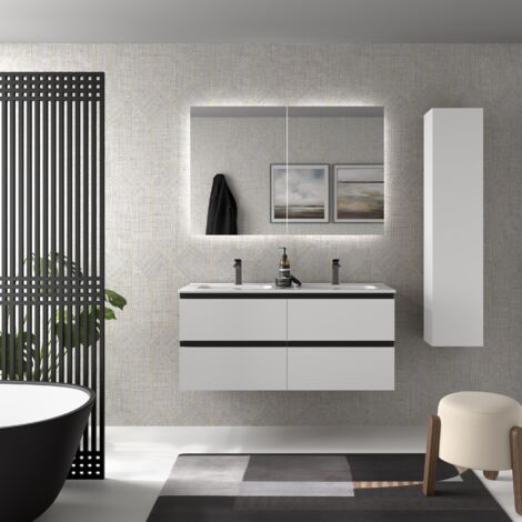 Meuble de salle de bain BEQUIA METAL 120cm Blanc mat Vasque Porcelaine Centrale