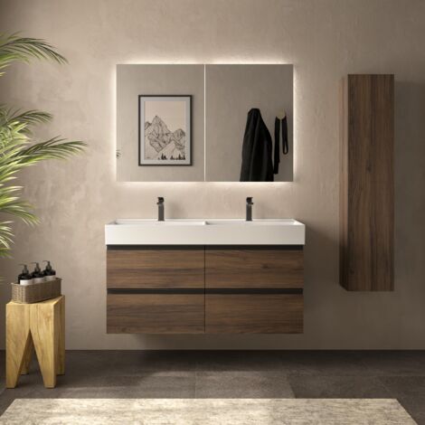 Meuble de salle de bain BEQUIA METAL 120cm Noyer Vasque Veneto Porcelaine Centrale